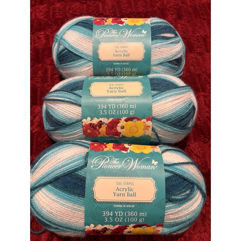 3 Skeins The Pioneer Woman Yarn Teal Stripes 394yd 3.5oz (each) 1182yd 10.5oz